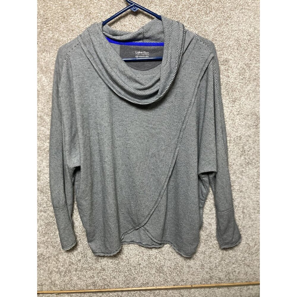 Calvin Klein Performance Gray Striped Stretch Cowl Neck Top L